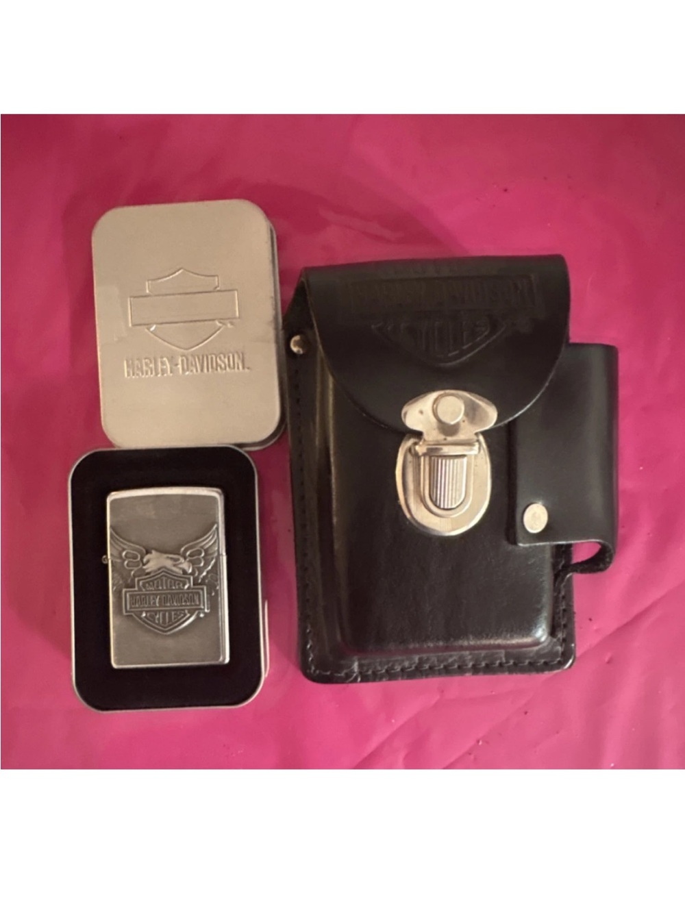 NWOT Harley-Davidson Black Leather Belt  cigarette Pouch w/ Branded Lighter Tin